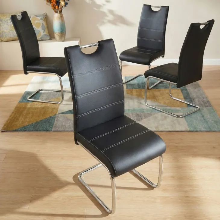 Set 4 sedie sala da pranzo in ecopelle e acciaio cromato nero Deva