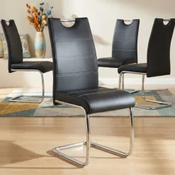 Set 4 sedie sala da pranzo in ecopelle e acciaio cromato nero Deva