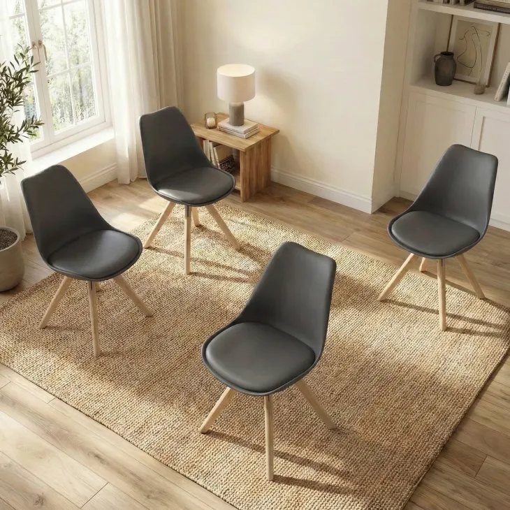 Set 4 sedie sala da pranzo in ecopelle design moderno grigio gambe in legno rovere Nives
