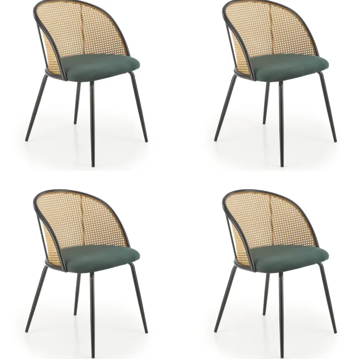 Set 4 sedie sala da pranzo in rattan e velluto verde scuro Triski