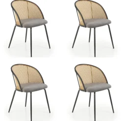 Set 4 sedie sala da pranzo in rattan e velluto grigio Triski