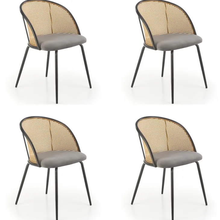 Set 4 sedie sala da pranzo in rattan e velluto grigio Triski