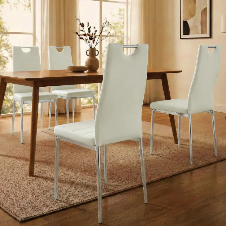 Set 4 sedie sala da pranzo moderne in ecopelle bianco avorio con gambe in acciaio Ginevra Gihome®