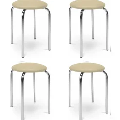 Set 4 sgabelli bassi con seduta in ecopelle e gambe in acciaio beige Mali