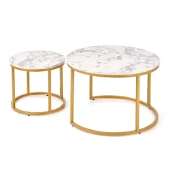 Set 2 tavolini rotondi da salotto effetto marmo bianco oro Lepi