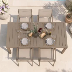 Set tavolo da giardino allungabile 200/300cm tortora + 4 sedie con braccioli tondi tortora Brezza