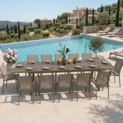 Set tavolo da giardino allungabile 200/300cm tortora + 4 sedie con braccioli tondi tortora Brezza