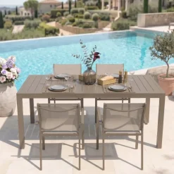 Set tavolo da giardino allungabile 200/300cm tortora + 4 sedie con braccioli tondi tortora Brezza