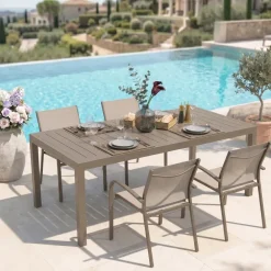 Set tavolo da giardino allungabile 200/300cm tortora + 4 sedie con braccioli tondi tortora Brezza