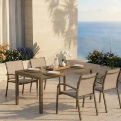 Set tavolo da giardino allungabile 160/240cm tortora + 4 sedie con braccioli tondi tortora Brezza