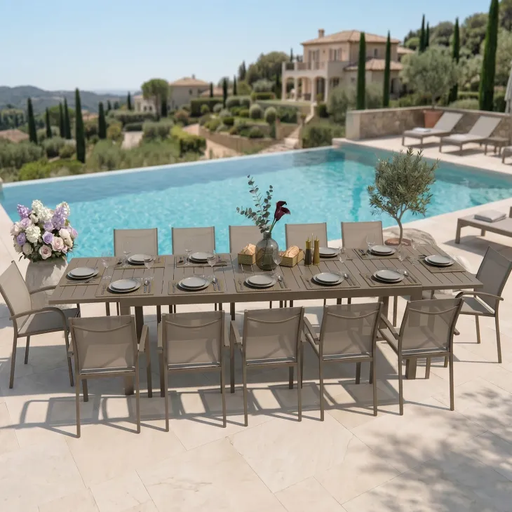 Set tavolo da giardino allungabile 200/300cm tortora + 6 sedie con braccioli tondi tortora Brezza