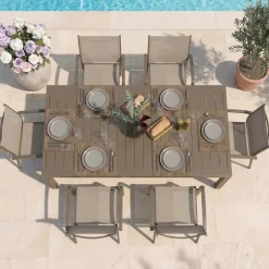Set tavolo da giardino allungabile 200/300cm tortora + 6 sedie con braccioli tondi tortora Brezza