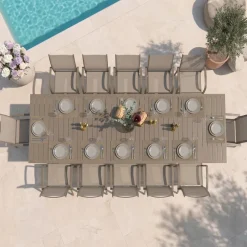Set tavolo da giardino allungabile 200/300cm tortora + 6 sedie con braccioli tondi tortora Brezza