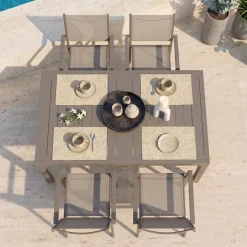 Set tavolo da giardino allungabile 160/240cm tortora + 4 sedie con braccioli quadrati tortora Brezza