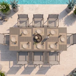 Set tavolo da giardino allungabile 160/240cm tortora + 4 sedie con braccioli quadrati tortora Brezza