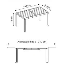 Set tavolo da giardino allungabile 160/240cm tortora + 4 sedie con braccioli quadrati tortora Brezza