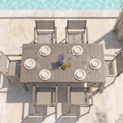 Set tavolo da giardino allungabile 200/300cm tortora + 6 sedie con braccioli quadrati tortora Brezza