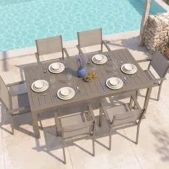 Set tavolo da giardino allungabile 200/300cm tortora + 6 sedie con braccioli quadrati tortora Brezza