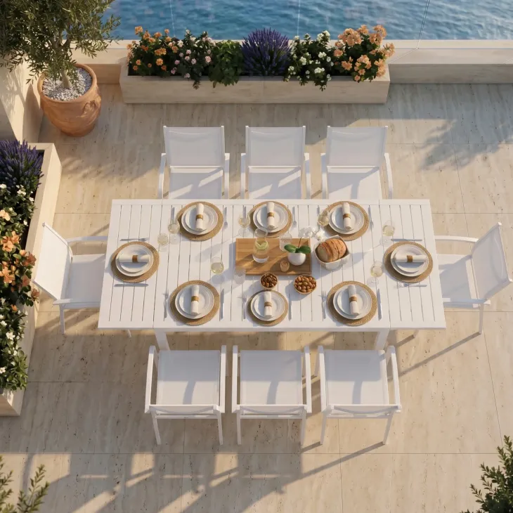 Set tavolo da giardino allungabile 160/240cm bianco + 4 sedie con braccioli tondi bianco Brezza