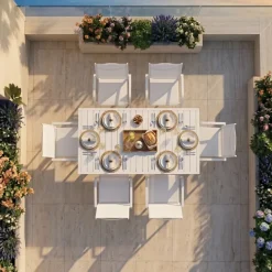 Set tavolo da giardino allungabile 160/240cm bianco + 4 sedie con braccioli tondi bianco Brezza