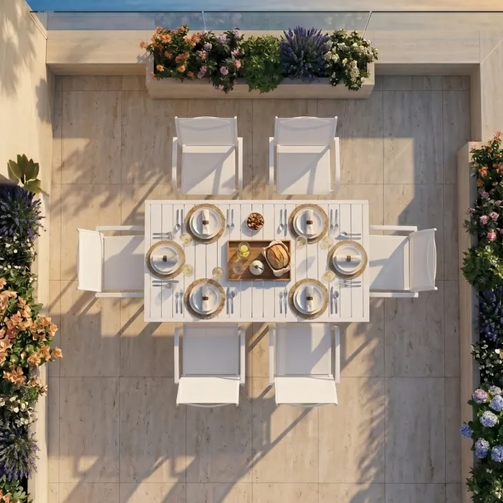 Set tavolo da giardino allungabile 160/240cm bianco + 4 sedie con braccioli tondi bianco Brezza