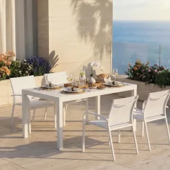 Set tavolo da giardino allungabile 160/240cm bianco + 4 sedie con braccioli tondi bianco Brezza