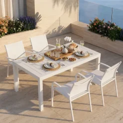 Set tavolo da giardino allungabile 160/240cm bianco + 4 sedie con braccioli tondi bianco Brezza