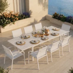 Set tavolo da giardino allungabile 160/240cm bianco + 4 sedie con braccioli tondi bianco Brezza