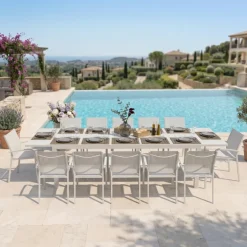 Set tavolo da giardino allungabile 200/300cm bianco + 6 sedie con braccioli tondi bianco Brezza