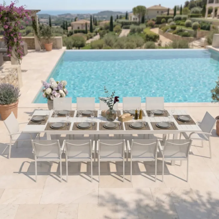 Set tavolo da giardino allungabile 200/300cm bianco + 6 sedie con braccioli tondi bianco Brezza