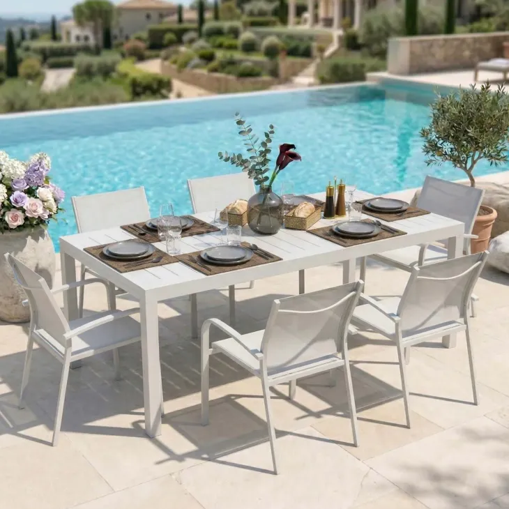 Set tavolo da giardino allungabile 200/300cm bianco + 6 sedie con braccioli tondi bianco Brezza