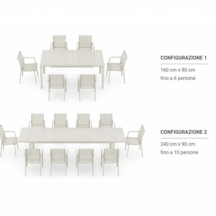 Set tavolo da giardino allungabile 160/240cm bianco + 4 sedie con braccioli quadrati bianco Brezza