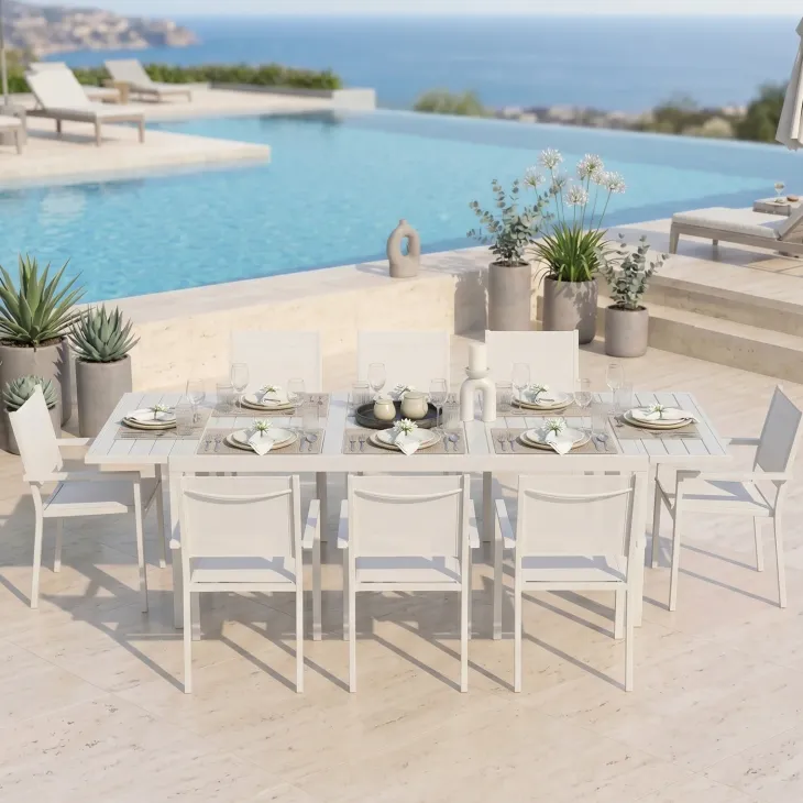 Set tavolo da giardino allungabile 160/240cm bianco + 4 sedie con braccioli quadrati bianco Brezza