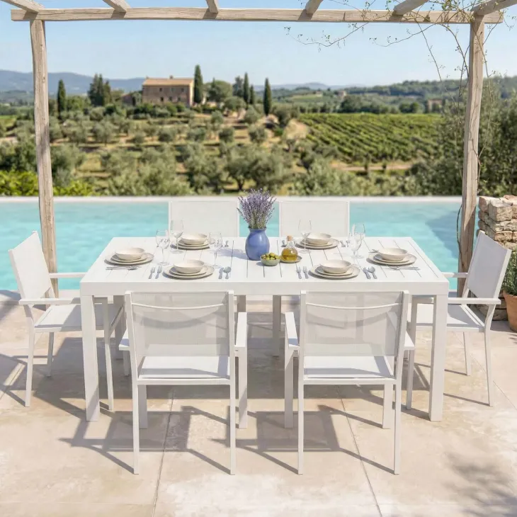 Set tavolo da giardino allungabile 200/300cm bianco + 6 sedie con braccioli quadrati bianco Brezza
