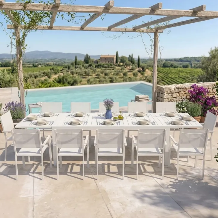 Set tavolo da giardino allungabile 200/300cm bianco + 6 sedie con braccioli quadrati bianco Brezza