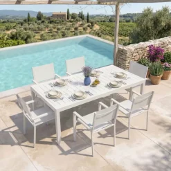 Set tavolo da giardino allungabile 200/300cm bianco + 6 sedie con braccioli quadrati bianco Brezza