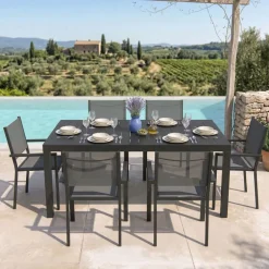 Set tavolo da giardino allungabile 200/300cm antracite + 6 sedie con braccioli quadrati antracite Brezza