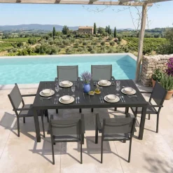 Set tavolo da giardino allungabile 200/300cm antracite + 6 sedie con braccioli quadrati antracite Brezza