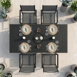 Set tavolo da giardino allungabile 160/240cm antracite + 4 sedie con braccioli quadrati antracite Brezza
