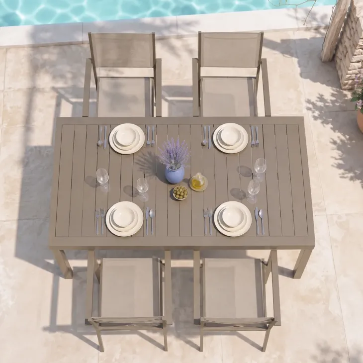 Set tavolo da giardino allungabile 200/300cm tortora + 4 sedie con braccioli quadrati tortora Brezza
