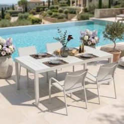 Set tavolo da giardino allungabile 200/300cm bianco + 4 sedie con braccioli tondi bianco Brezza