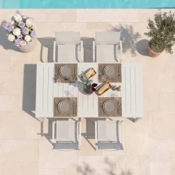 Set tavolo da giardino allungabile 200/300cm bianco + 4 sedie con braccioli tondi bianco Brezza