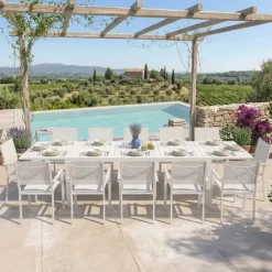 Set tavolo da giardino allungabile 200/300cm bianco + 4 sedie con braccioli quadrati bianco Brezza