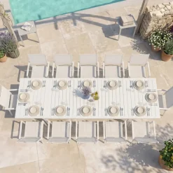 Set tavolo da giardino allungabile 200/300cm bianco + 4 sedie con braccioli quadrati bianco Brezza