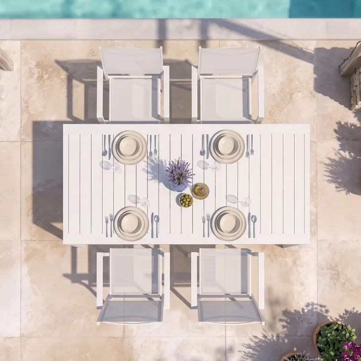 Set tavolo da giardino allungabile 200/300cm bianco + 4 sedie con braccioli quadrati bianco Brezza