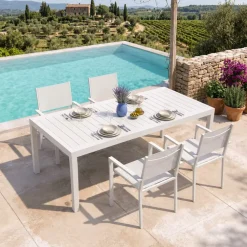 Set tavolo da giardino allungabile 200/300cm bianco + 4 sedie con braccioli quadrati bianco Brezza