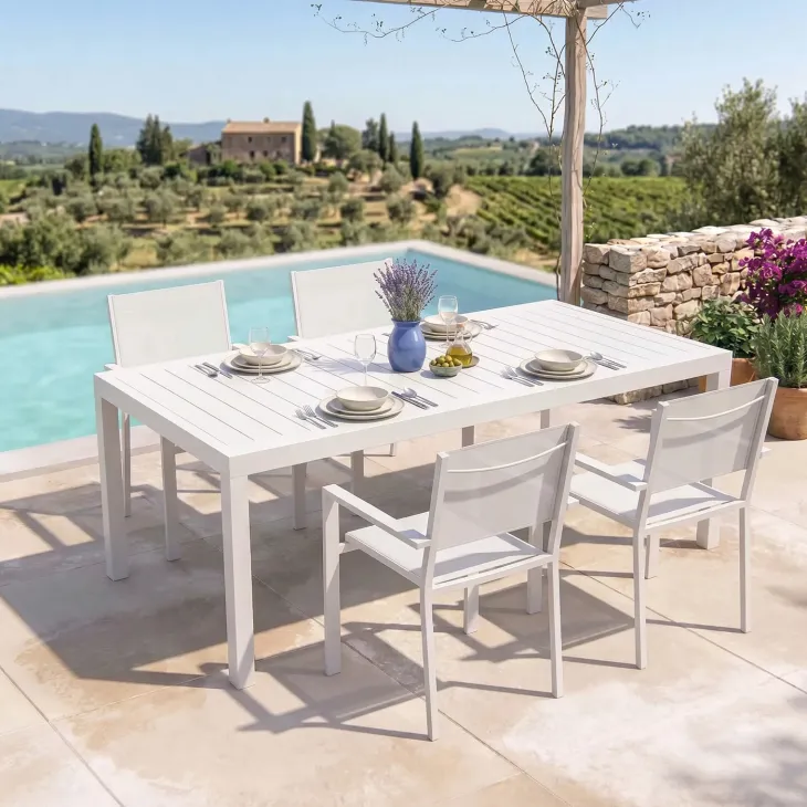 Set tavolo da giardino allungabile 200/300cm bianco + 4 sedie con braccioli quadrati bianco Brezza