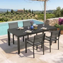 Set tavolo da giardino allungabile 200/300cm antracite + 4 sedie con braccioli quadrati antracite Brezza