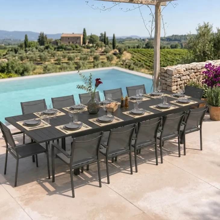 Set tavolo da giardino allungabile 200/300cm antracite + 4 sedie con braccioli quadrati antracite Brezza