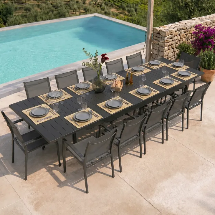 Set tavolo da giardino allungabile 200/300cm antracite + 4 sedie con braccioli quadrati antracite Brezza